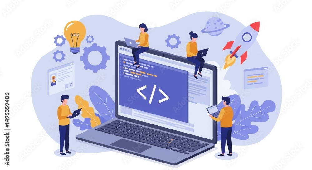Poster illustration of coding and technology with people interacting with a laptop and digital elements.