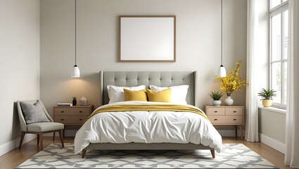 3D bedroom with a geometric patterned rug, eggshell walls, and a pop of mustard yellow in throw pillows