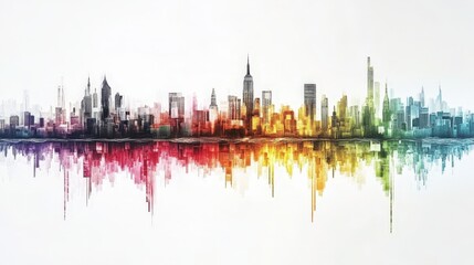 Fototapeta premium Vibrant skyline of a bustling city at sunset, reflecting colorful light on the water