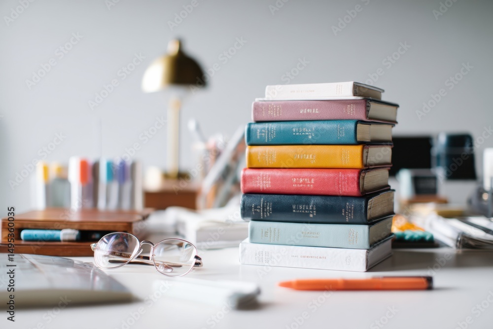 Aufkleber Stack of Colorful Books on a Desk With Glasses and Lamp, Representing Education and Personal Growth for Reading Enthusiasts : Generative AI