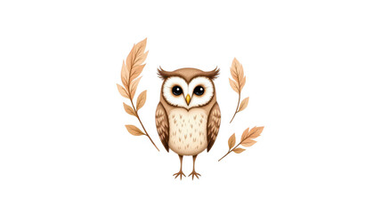 Naklejka premium Captivating closeup, an owl serenely perched on a leafy branch in nature's embrace