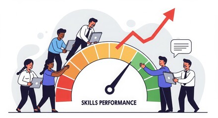 Illustration of skills performance measurement with people and a gauge.