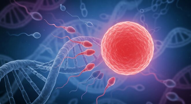 Illustration of sperm cells approaching an ovum, with DNA strands in the background.