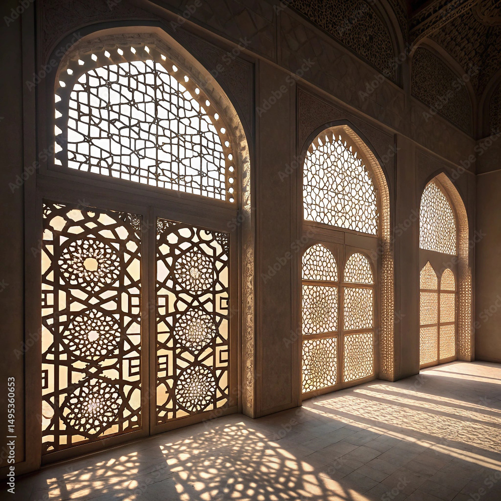 Poster arched windows with intricate latticework casting shadows on the floor