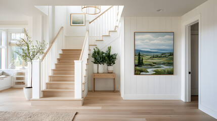 A modern staircase area with clean white railings, light wood steps, and pastel artwork on the wall, captured frontally with natural ambient brightness 25097312 2