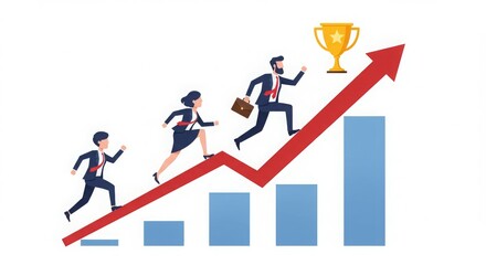 Illustration of three people climbing a graph towards a trophy, symbolizing success and growth.