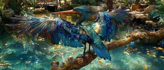 Blue heron spreading wings on a branch over water