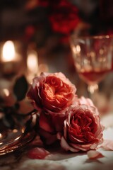 Close-Up of Romantic Pink Roses With Candlelight, Representing Love and Anniversary Celebrations, Perfect for Valentine's Day Marketing : Generative AI
