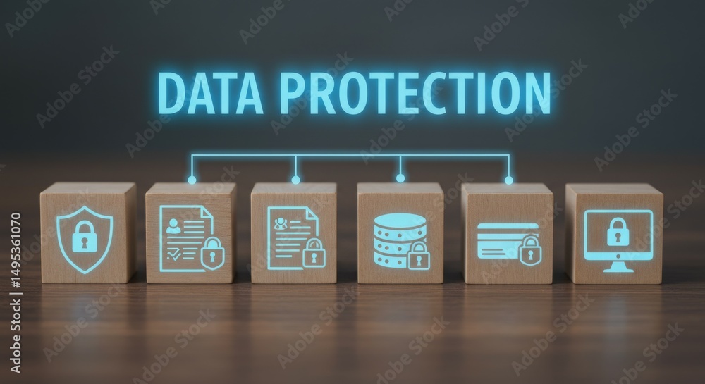 Poster image illustrating data protection concepts with icons on wooden blocks.