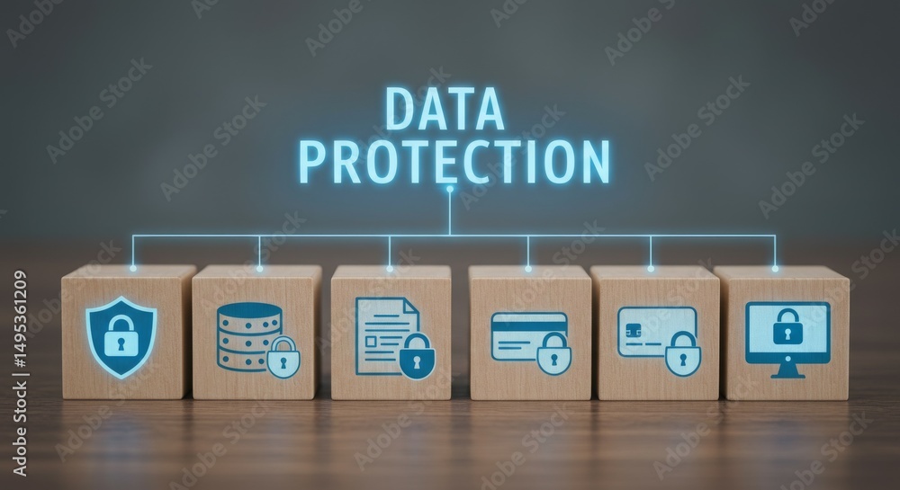 Poster image of wooden blocks illustrating various aspects of data protection and security.
