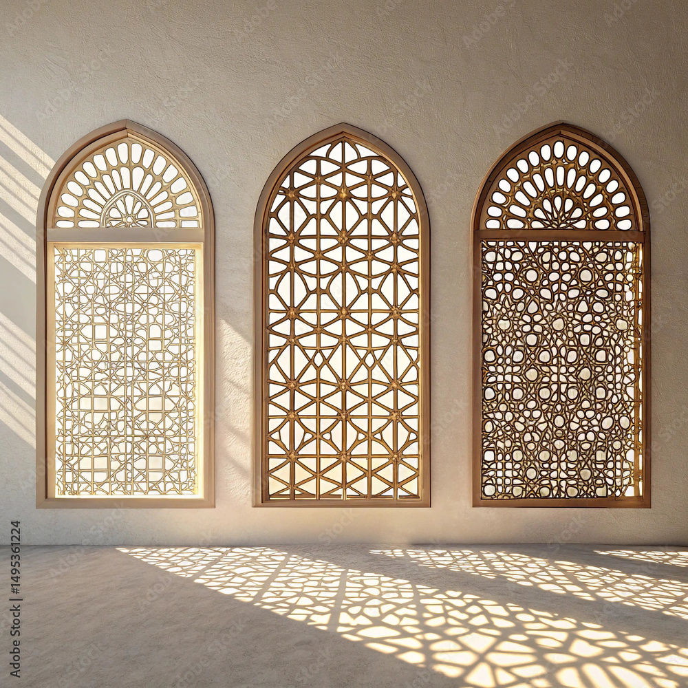 Poster three arched windows with geometric patterns casting shadows on the floor