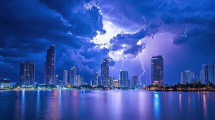 Obraz premium Stormy city skyline reflected on water