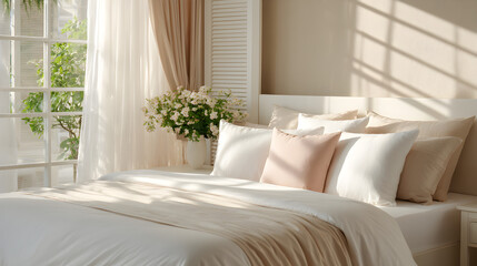 A beautifully made bed in a bright room with beige linen, pastel accent pillows, and sheer curtains blowing gently, backlit by morning sunlight 79191440 1