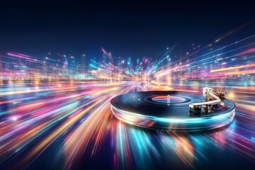 A vintage-style vinyl record player paired with warm ambient lighting, perfect for music enthusiasts and those who appreciate retro decor, embodying the essence of Retro Futurism