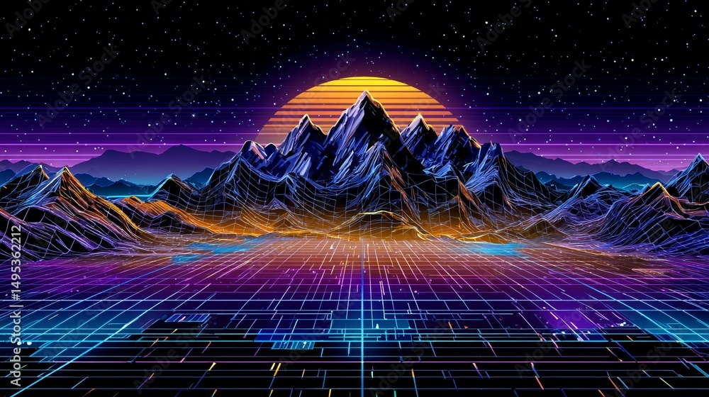 Poster this digital image is captivating, showcasing a futuristic landscape that features a glowing grid pa