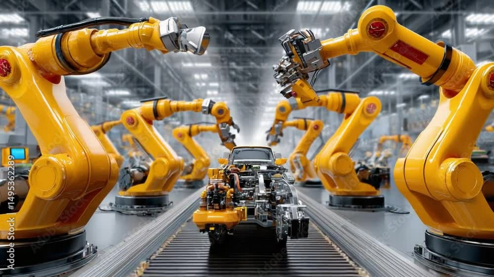 Poster automated assembly line: a futuristic view of an automated assembly line showcasing multiple robotic