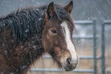 Fototapeta premium Brown horse stands in snowfall in rural area during winter season capturing serene beauty of nature