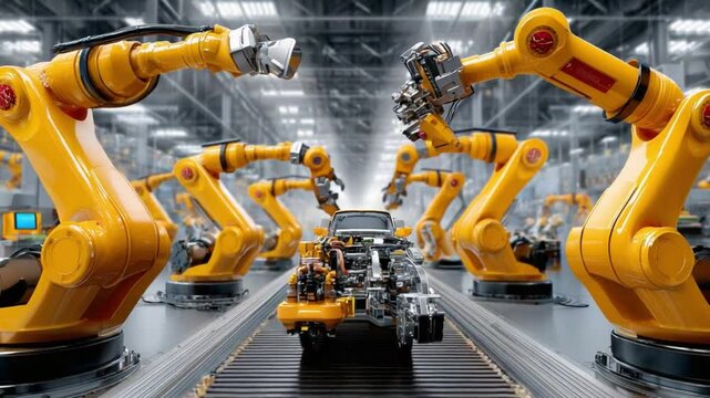 Automated Assembly Line: A futuristic view of an automated assembly line showcasing multiple robotic arms working in unison on a vehicle chassis, highlighting advancements in industrial automation.