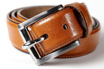 Brown leather belt with silver buckle on a white background showcasing craftsmanship and design details