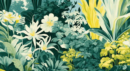 Luxurious vintage floral  flower with botanical in digital painting or etching holotone printing color style.beautiful illustration flower blooming in dark background