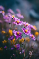 Fototapeta premium Close-Up of Purple Cosmos Flowers in a Field, Symbolizing Natural Beauty and Springtime Renewal for Wellness Campaigns and Gardening : Generative AI