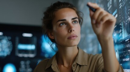 Visionary at Work: A focused scientist, meticulously analyzing complex data in a high-tech environment, illuminating the boundless potential of scientific innovation and the human drive for knowledge.