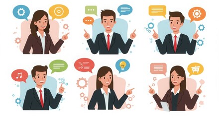 Six business people with speech bubbles, expressing ideas and concepts.