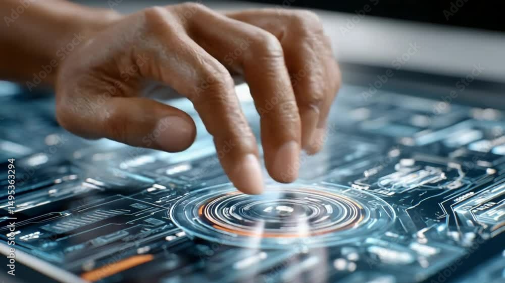 Poster interactive technological touch: close-up shot of a hand interacting with an advanced, illuminated i