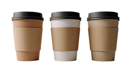 Coffee Trio: A visually appealing array of three takeaway coffee cups in various shades, each paired with a contrasting black lid and paper sleeve, showcasing the essence of a coffee break.