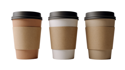 Coffee Trio: A visually appealing array of three takeaway coffee cups in various shades, each paired with a contrasting black lid and paper sleeve, showcasing the essence of a coffee break.
