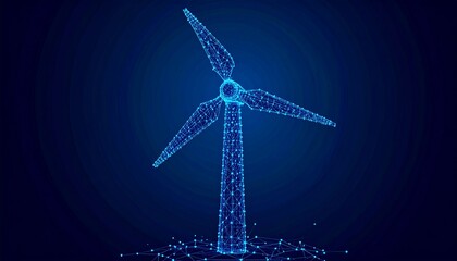 blue, wireframe dots wind turbine line dark background