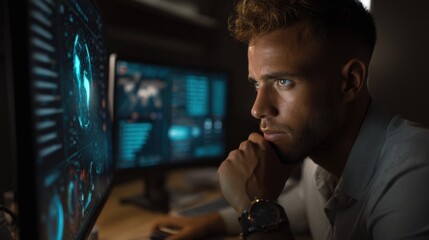 Intense Focus: A Focused Professional Immersed in Digital Work with Futuristic Interface, Deep in Thought in a dimly lit Room.
