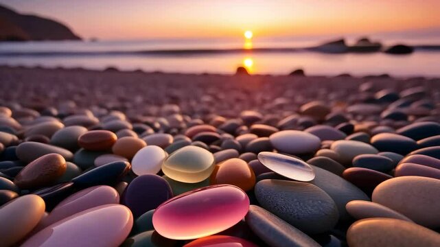 Polished sea glass and smooth stones scattered on seashore at pink sunset, pastel colored pebbles with ocean waves and golden light, concept of beachcombing coastal serenity