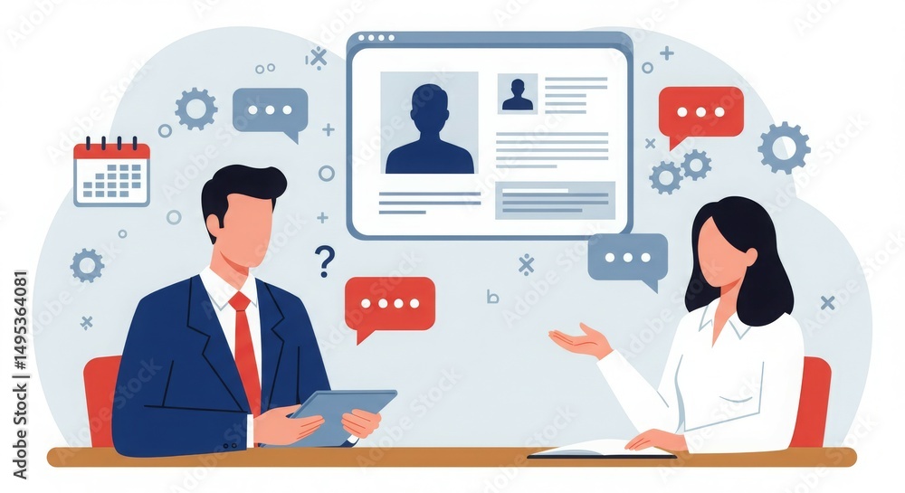 Poster two business professionals discussing information with digital elements and speech bubbles.