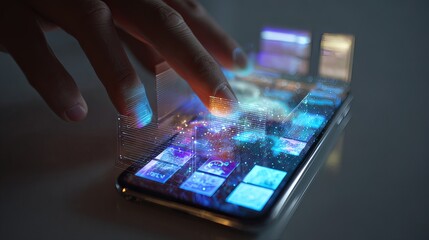 Innovative technology interaction modern workspace digital content futuristic environment close-up view user experience