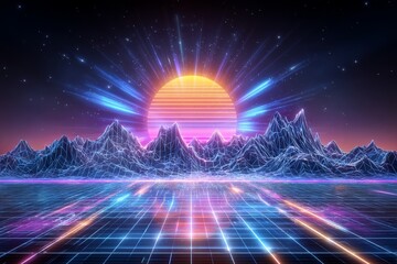 The vista combines vintage and futuristic aesthetics, showcasing a luminous sun and a rugged mountain landscape