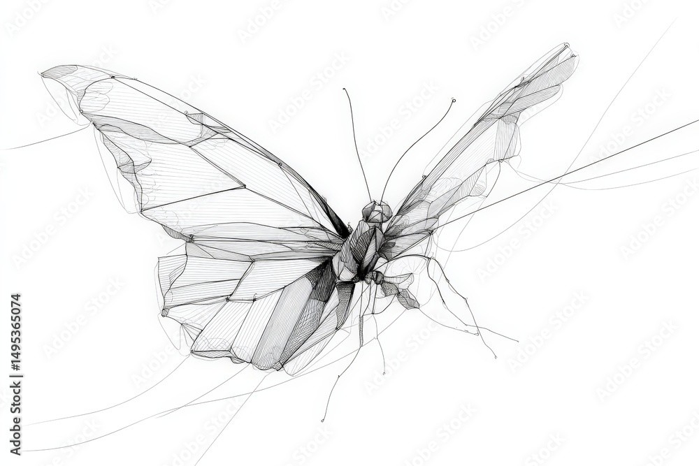 Poster detailed linear drawing of a butterfly showcasing intricate wing structure and delicate features