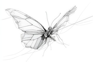 Detailed linear drawing of a butterfly showcasing intricate wing structure and delicate features