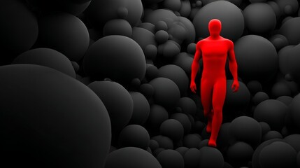 Fototapeta premium A red figure surrounded by black spheres represents the identification of insider threats