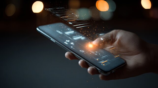 Innovative mobile technology usage urban nightscape digital interaction modern environment close-up view user engagement