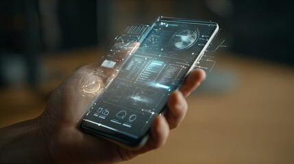 Innovative smartphone technology showcasing interactive interface design modern office digital art close-up user experience