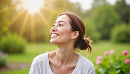 Naklejka premium Serene woman smiling in garden during daytime, joyful tranquility