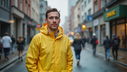 Fototapeta premium Determined man in yellow raincoat walking in urban rain, resilience