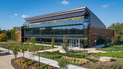 Obraz premium Modern building with extensive landscaping and solar panels