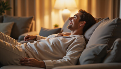 Relaxed man enjoying evening on cozy couch, warmth and comfort