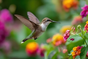 Fototapeta premium Hummingbird Flying Among Colorful Flowers in a Garden, Symbolizing Nature's Beauty and Environmental Awareness, Perfect for Conservation Campaigns : Generative AI