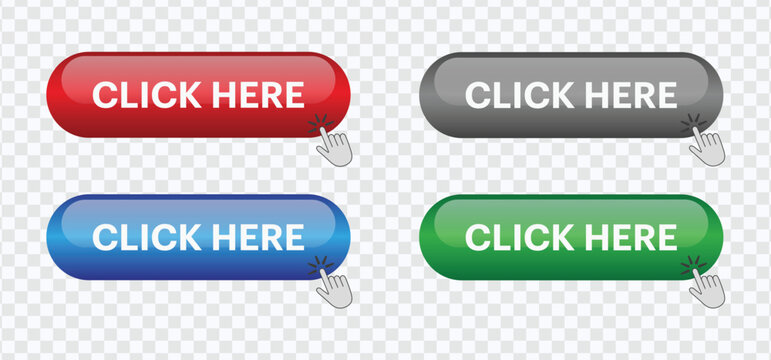 Realistic 3D "Click Here" Button – Square Vector Icon for Web Interfaces