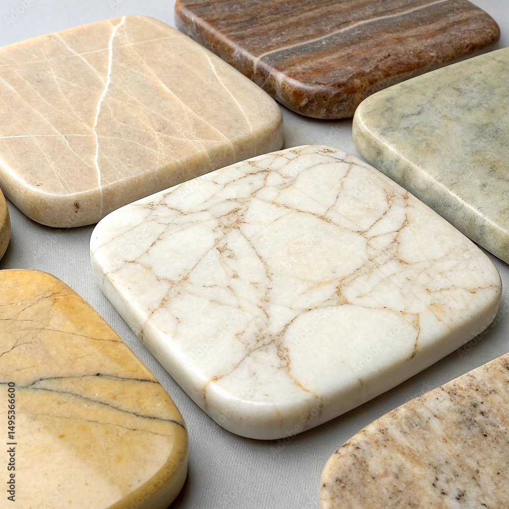 Poster collection of square marble coasters with unique vein patterns and colors