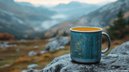 Obraz premium A metal mug with a hot drink sits on a rock in a mountain landscape. Steam rises from the cup, and foggy valleys and blue ridges are visible in the distance..