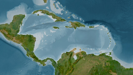 Caribbean Sea highlighted. Satellite map